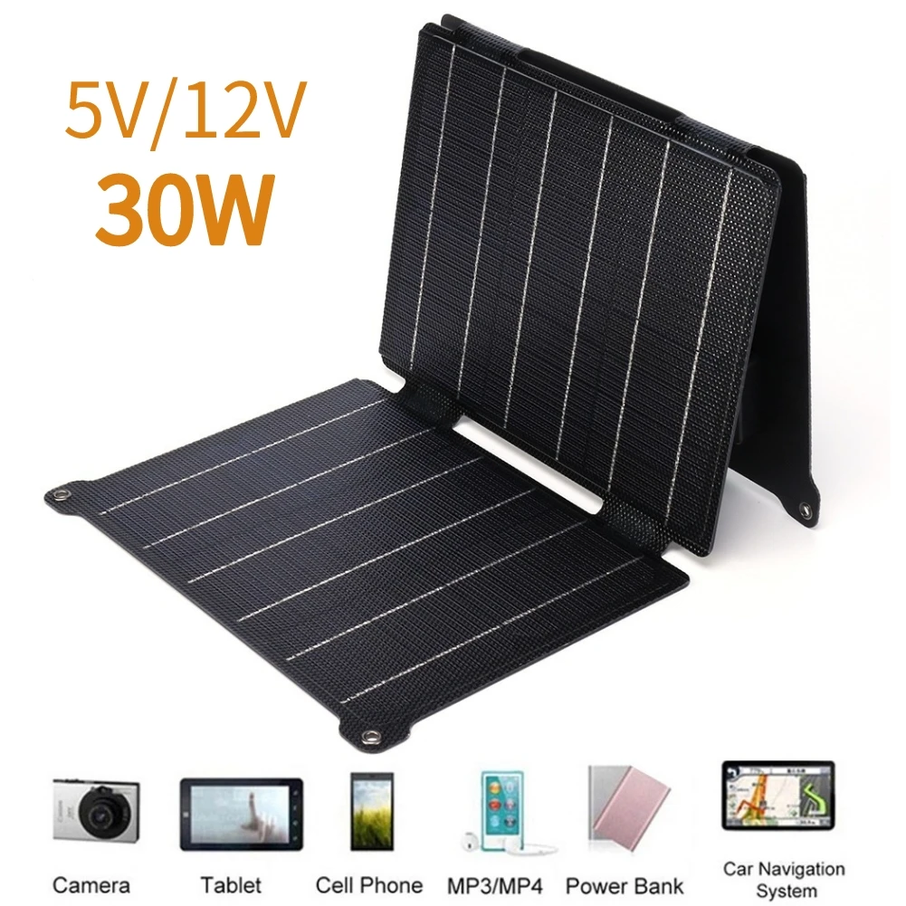 

5V/12V Foldable Solar Panel with Carabiner Waterproof 30W Emergency Solar Panel Dual USB DC Ports ETFE Scratchproof for Outdoor