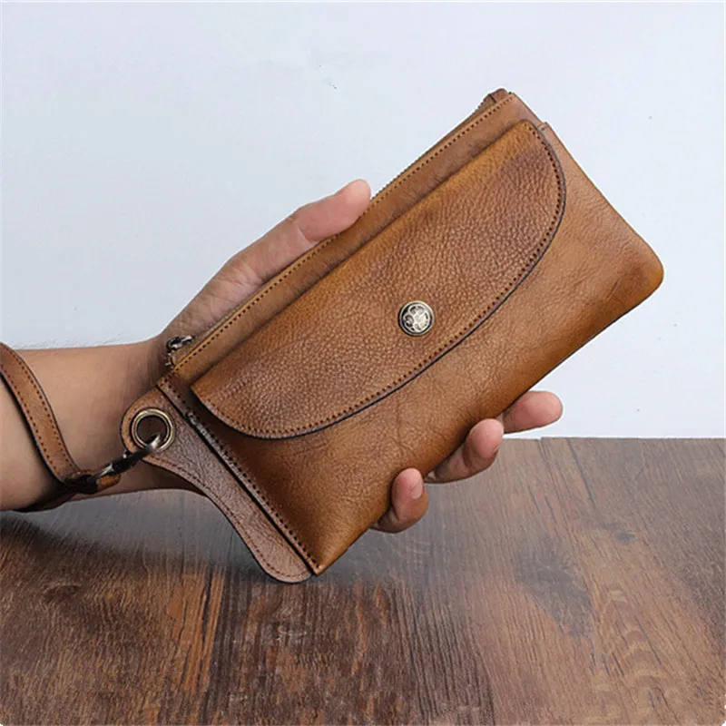 Vintage high-quality natural genuine leather men's women's clutch bag casual designer luxury first layer cowhide phone wallet