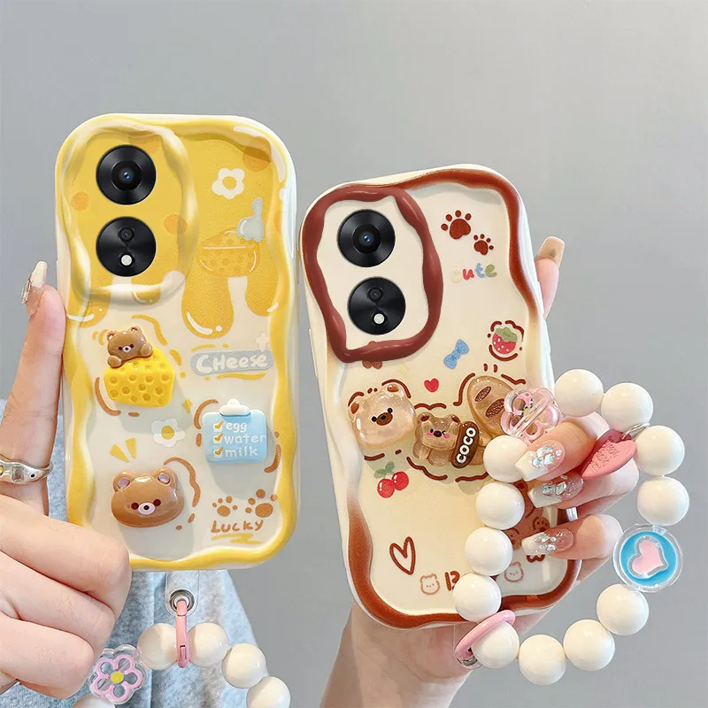 

3D Fashion Luxury Adorable Doll Bear Cartoon Soft Silicon Phone Case On For Oppo A58 58 OppoA58 Oppo58 5G Wristband Back Cover