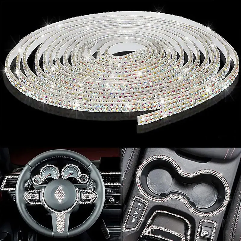 

5m/1roll Car Decorative Crystal Stickers Auto Interior Double Row Rhinestones Cover Strip DIY Car Decoration Diamond Accessories