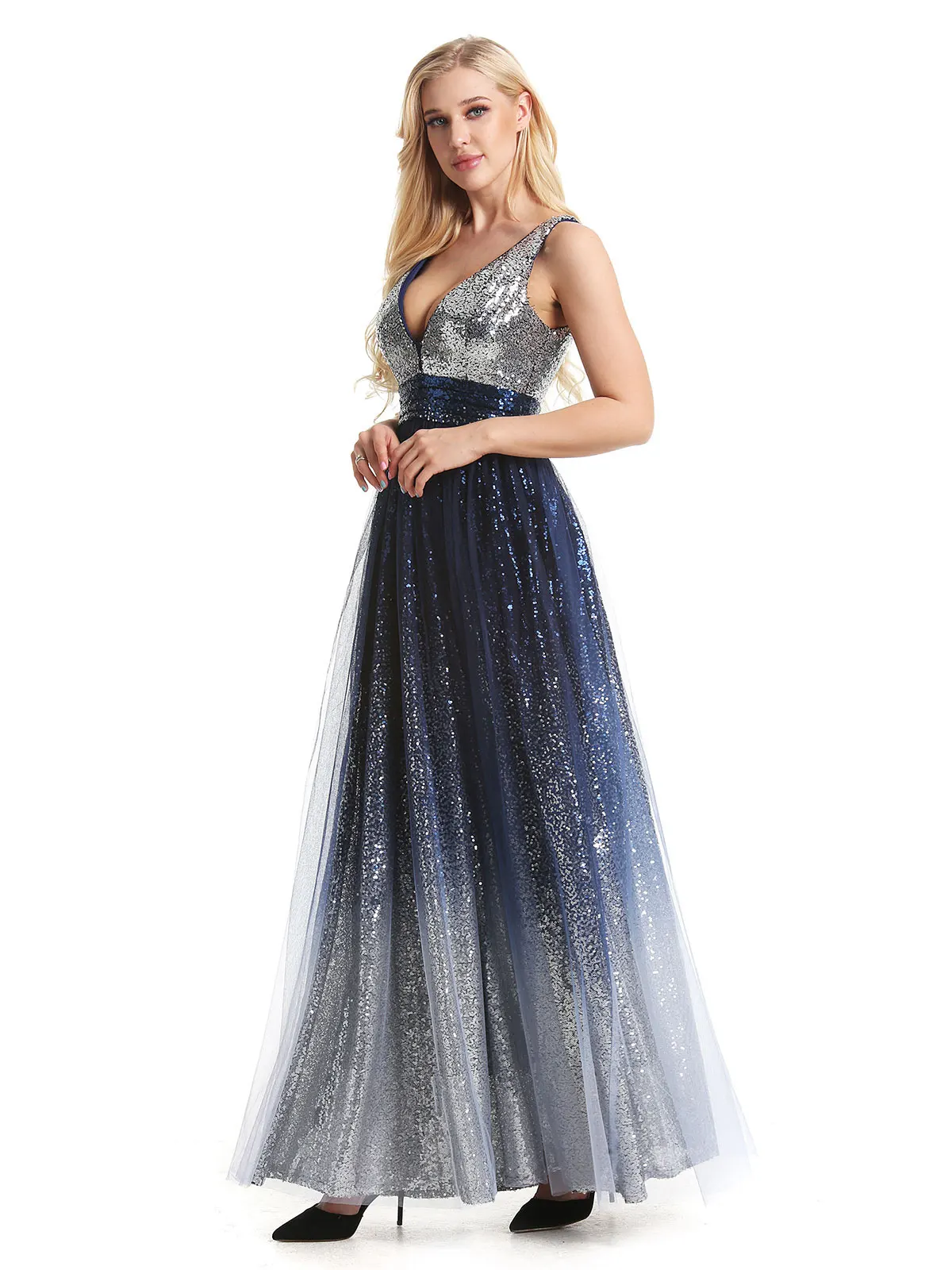 Женское длинное вечернее платье макси с блестками и V-образным вырезом