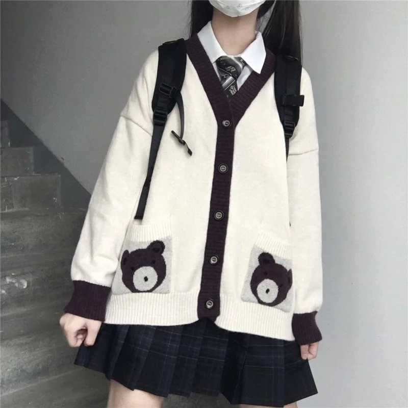 

Japanese Style Bear Print Cardigan Sweater Women JK V-neck Oversized Knitted Jumper Female Preppy Fashion Kawaii Coats