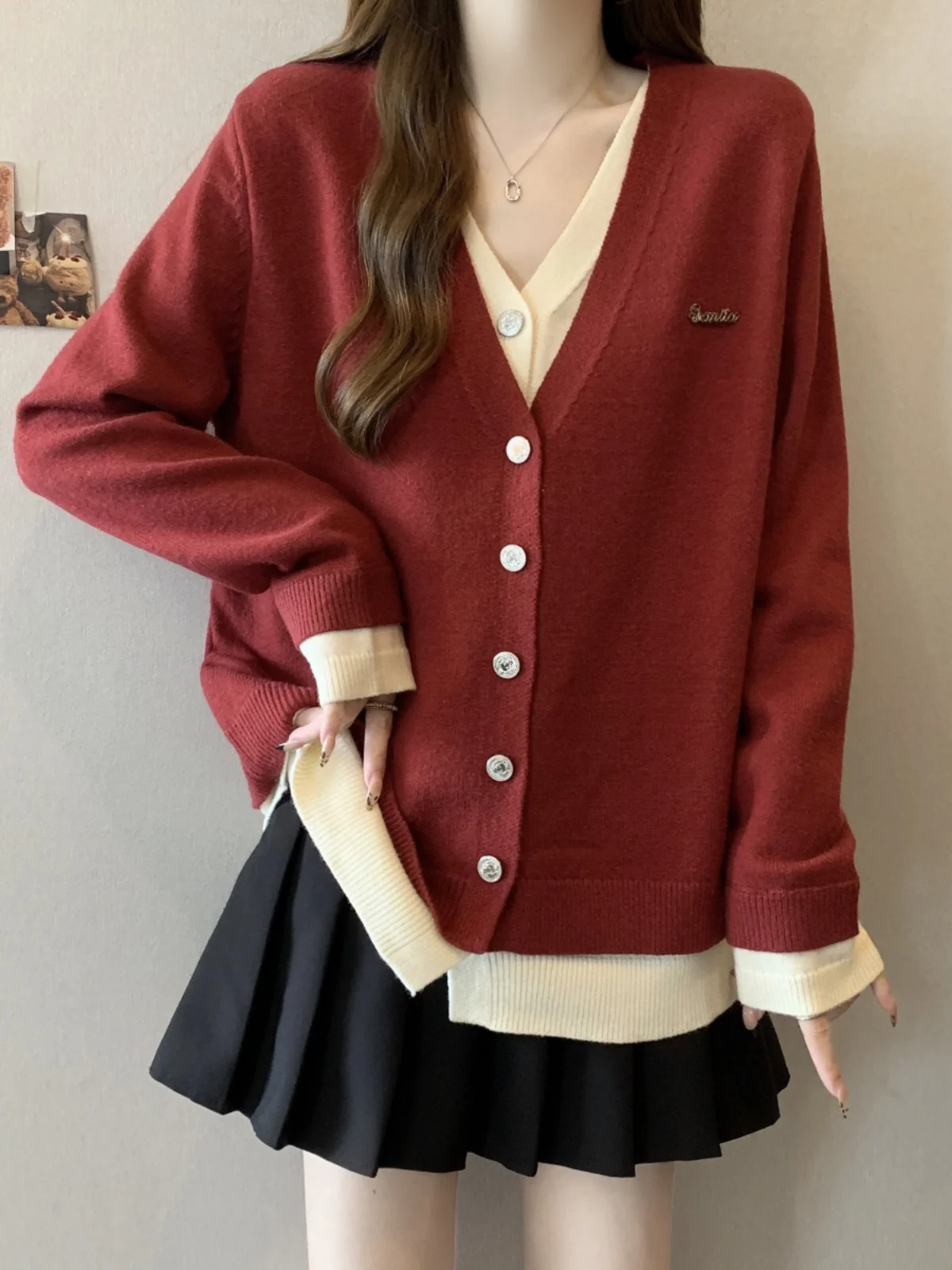 Красный вязаный кардиган из двух предметов с v-образным вырезом свитер верхняя