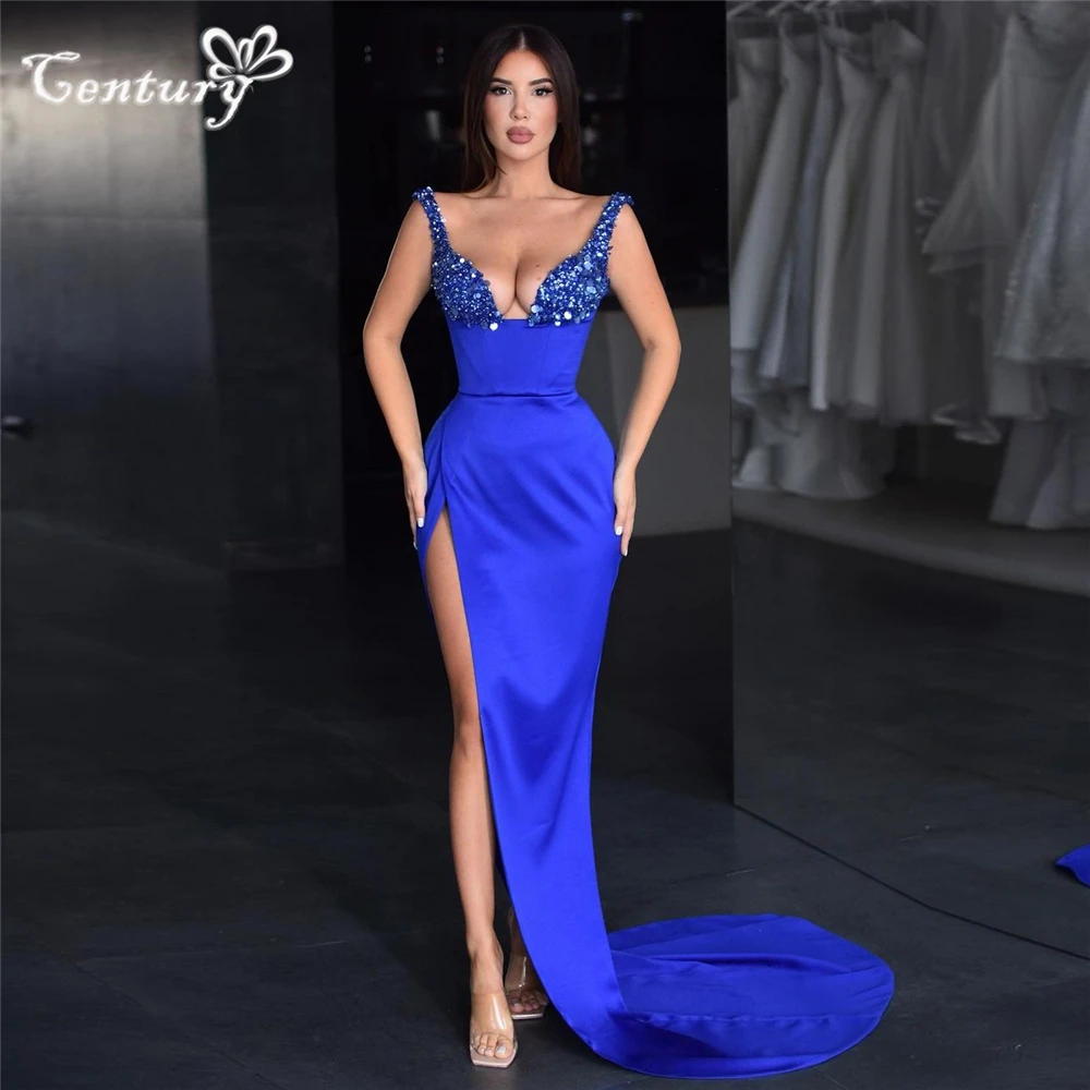 

Женское атласное платье с блестками, длинное вечернее платье Королевского синего цвета с разрезом сбоку, платье для выпускного вечера