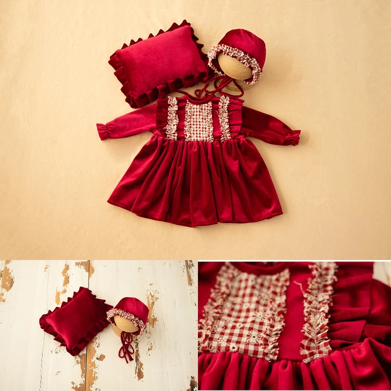 Newborn Baby Girls Photography Props Red Velvet Outfits Christmas Dress Hat Posing Pillow 3pcs Set Studio Shooting Photo Props