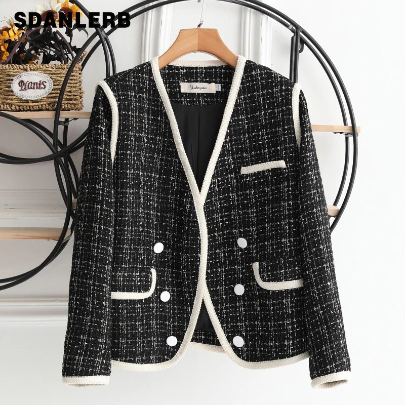 

Женский твидовый кардиган в клетку, элегантный короткий жакет контрастных цветов с V-образным вырезом, Женская универсальная одежда для осе...