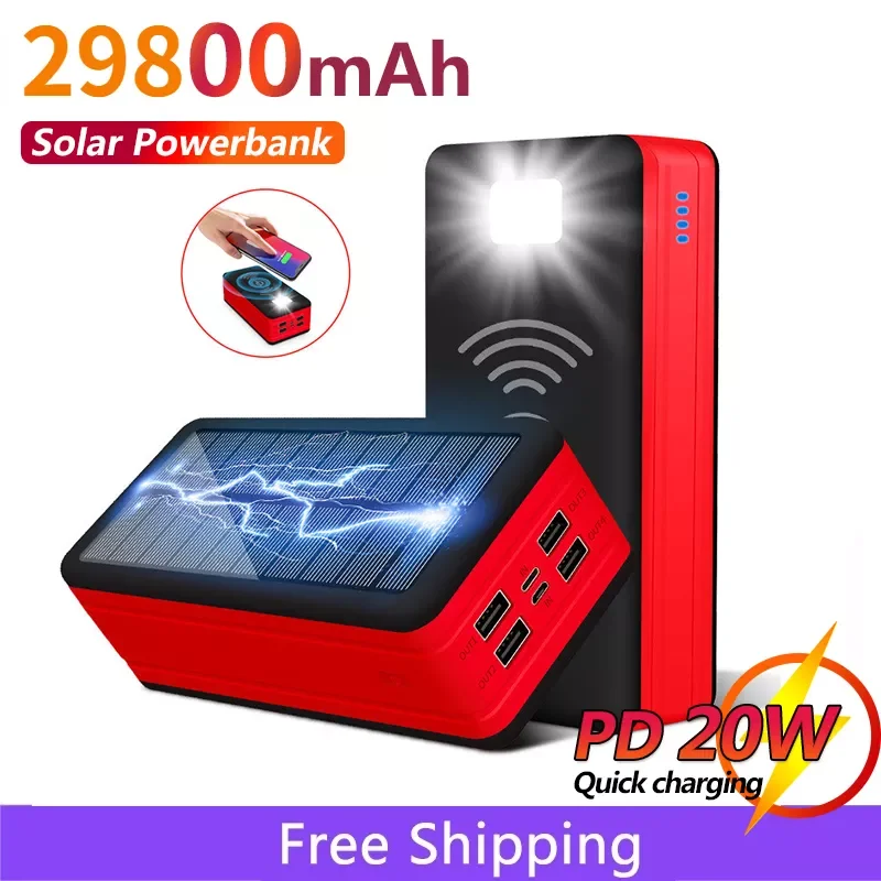 

NEW2023 29800mah Bank Solar Wireless Fast Charging LED Light Portable Charger External Battery