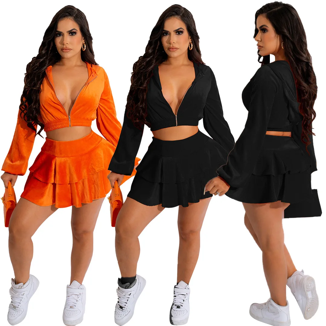 

Winter Fall Hooded Velvet Skirt Sets Women Long Lantern Sleeve Zipper Crop Top and Ruffled Mini Skirts Casual 2 Piece Outfits