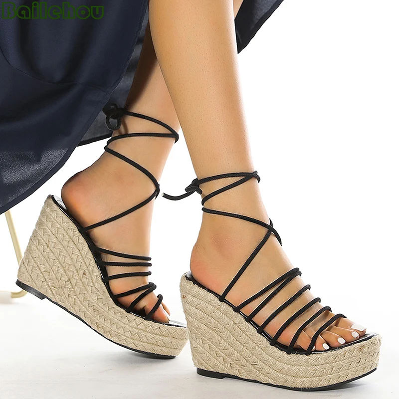 

Сандалии женские на платформе и высоком каблуке, повседневные туфли-лодочки из соломы с ремешком на щиколотке, гладиаторы, 2022