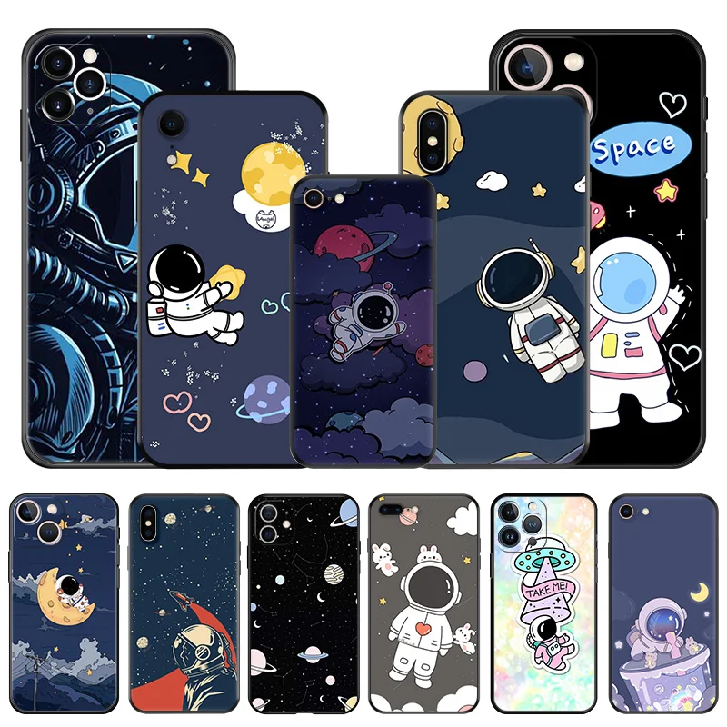 Черный чехол для телефона с защитой от падения для iPhone 14 Pro Max 13 12 Mini 11 SE 7 8 6 6s Plus XS X XR Милая задняя крышка Луна астронавт ракета