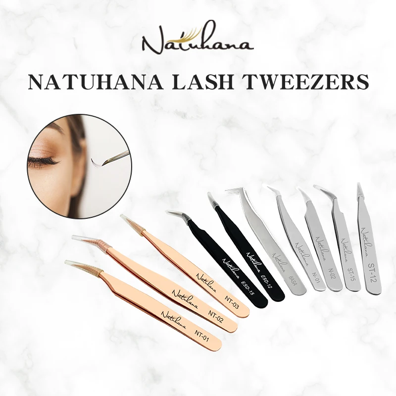 

NATUHANA Anti-Static Eyelash Extension Tweezer Gold Stainless Steel Eyelashes Tweezers Professional for Volume Fan Makeup Tools