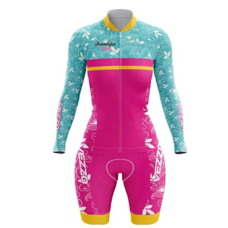 

2021 VEZZO Cycling Clothes Women's Professional Long Sleeved Skinsuit Sets Conjunto Feminino Ciclismo Triathlon GEL Pink Pad