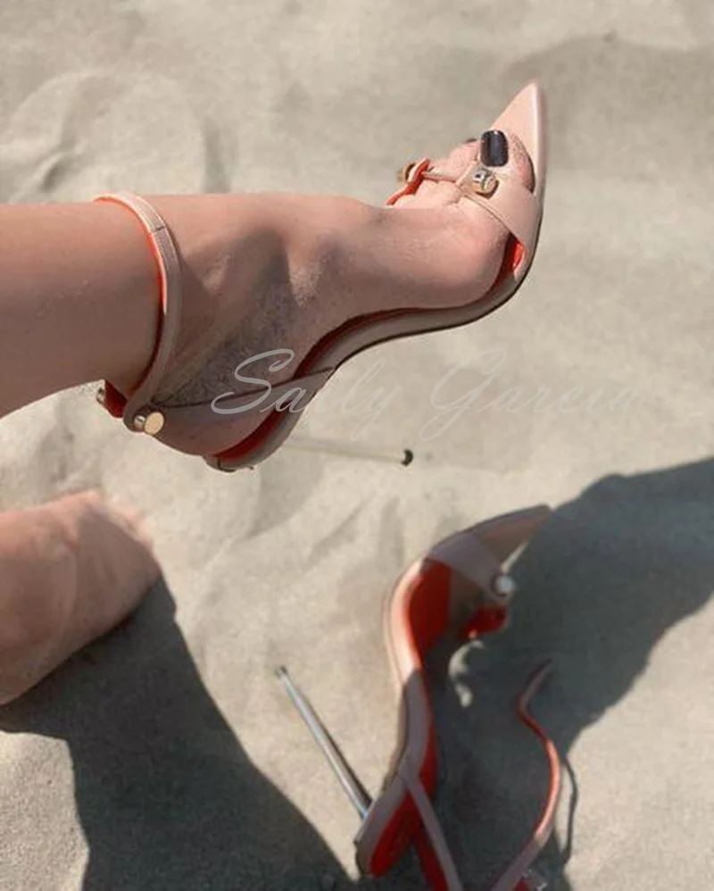 Metal Thin High Heels Dress Party Shoes For Lady Pointed Peep Toe Rivets Ankle Strap Sandals Women Buckle Strap Slingback Shoes