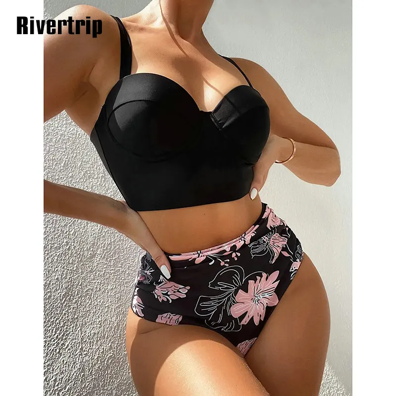 

Женский купальник пуш-ап Rivertrip, пикантное бикини с высокой талией, женский купальник, новинка 2022, комплект бикини с цветочным принтом, купаль...
