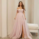 Женское вечернее платье с открытыми плечами, розовое длинное блестящее фатиновое платье в стиле бохо с открытыми плечами и Боковым Разрезом для выпускного вечера, 2022