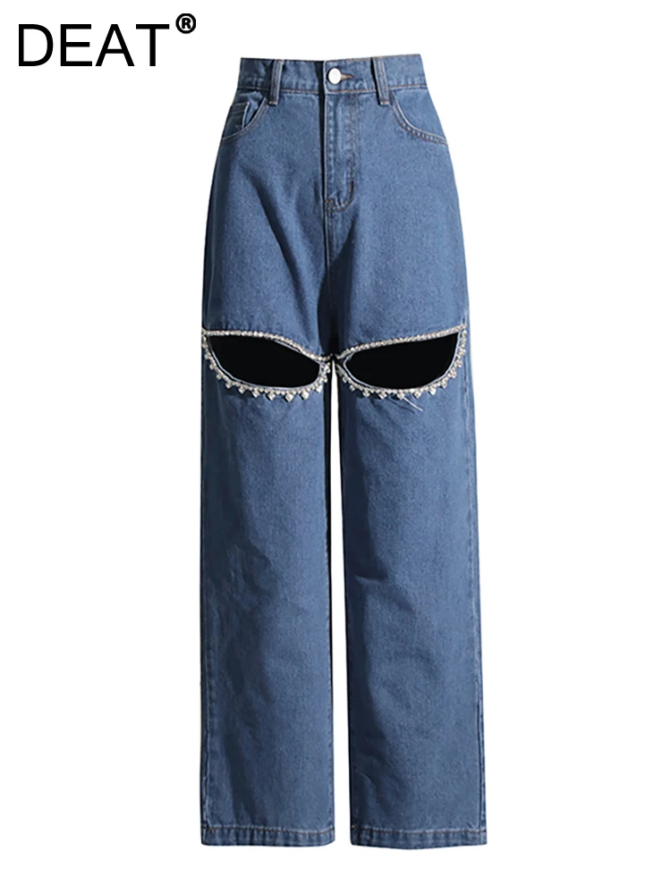 

DEAT Women Jeans High Waist Loose Hollow Out Long Diamonds Embroidered Flares Straight Denim Pants 2023 Summer Fashion 29L2048