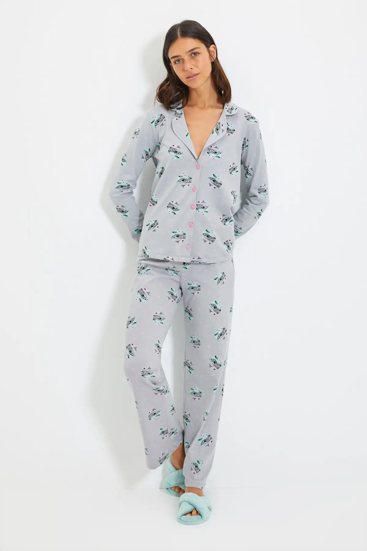 

Gray Knitted Pattern 100% Cotton Jacket Collar Bottom Top Suit Nightgown Casual Sleepwear Set