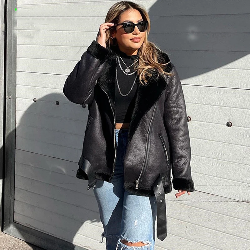 Casual Faux Fur Splicing Black Leather Jacket Thick Warm Winter Office Ladies Coat Women Streetwear Motorcycle New In Outwears