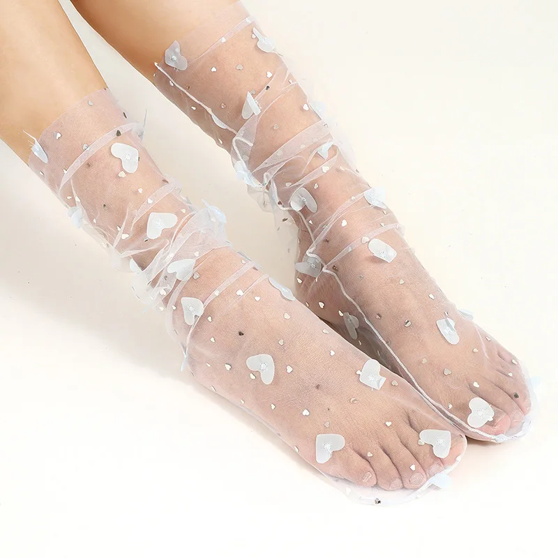 Heart Print Mesh Socks Women Summer Simple Floral Lace Tulle Stockings Transparent Mid-tube Ultra Thin Chiffon Lace Up Socks