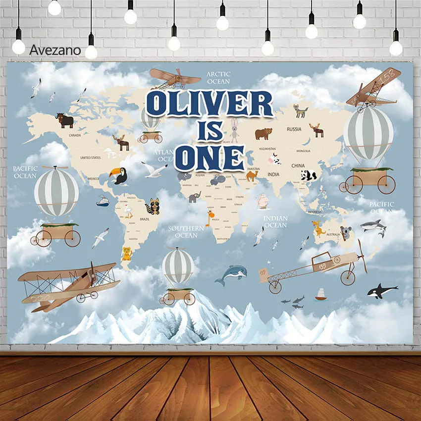 

Avezano Photography Background Baby Show Baby 1st Birthday World Map National Animals Boy Girls Birthday Party Backdrop