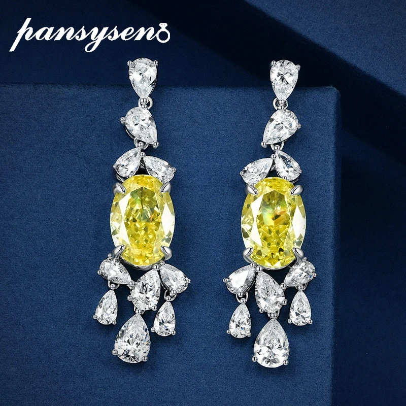 

PANSYSEN 100% 925 Sterling Silver 4CT Oval Cut Citrine Sapphire High Carbon Diamond Dangle Drop Earrings Fine Jewelry Wholesale