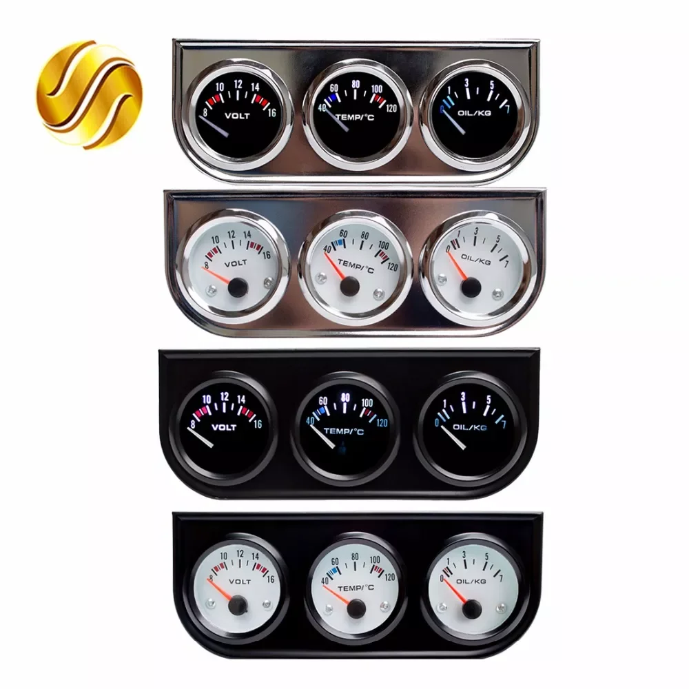 

Dragon Gauge Car Triple Gauge 52mm Voltage / Water Temp (Celsius) / Oil Press Black / Chrome Bezel 3-In-1 Kit Meter
