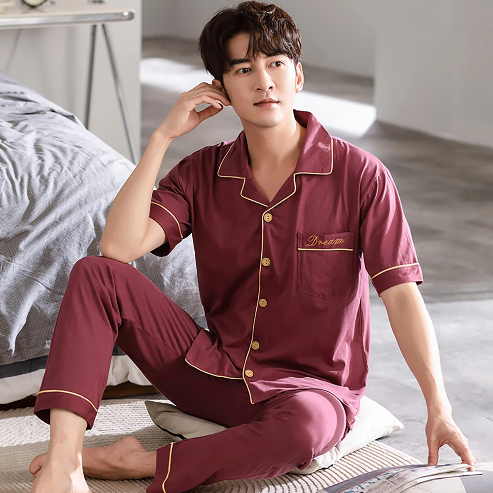 100% Cotton Sleepwear Solid Pijamas Summer Short Sleeve Buttons Sleep Top Elastic Waist Long Pants Casual Breathable Pajama Sets