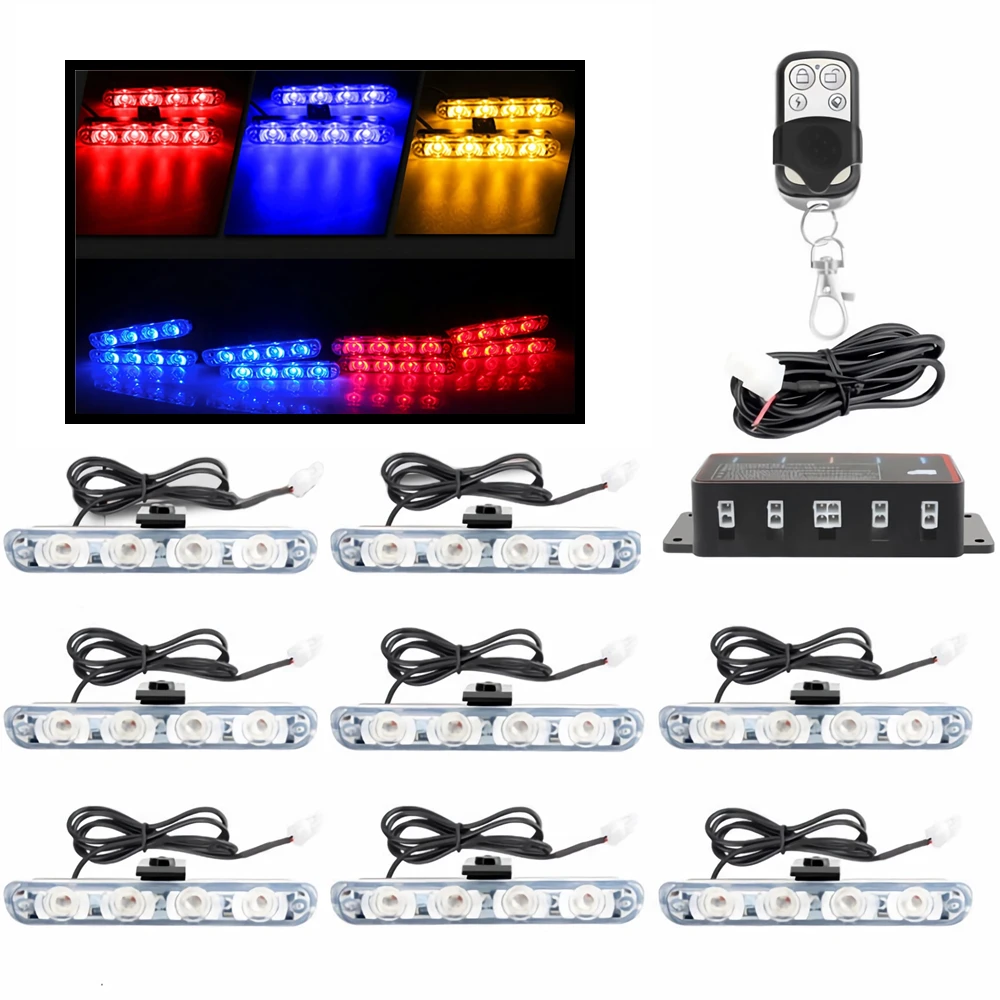 

1 комплект, 12 В, 8*4 фонарей, автомобильная решетка, Стробоскопическая решетка, с дистанционным беспроводным аварийным мигающим светом для ав...