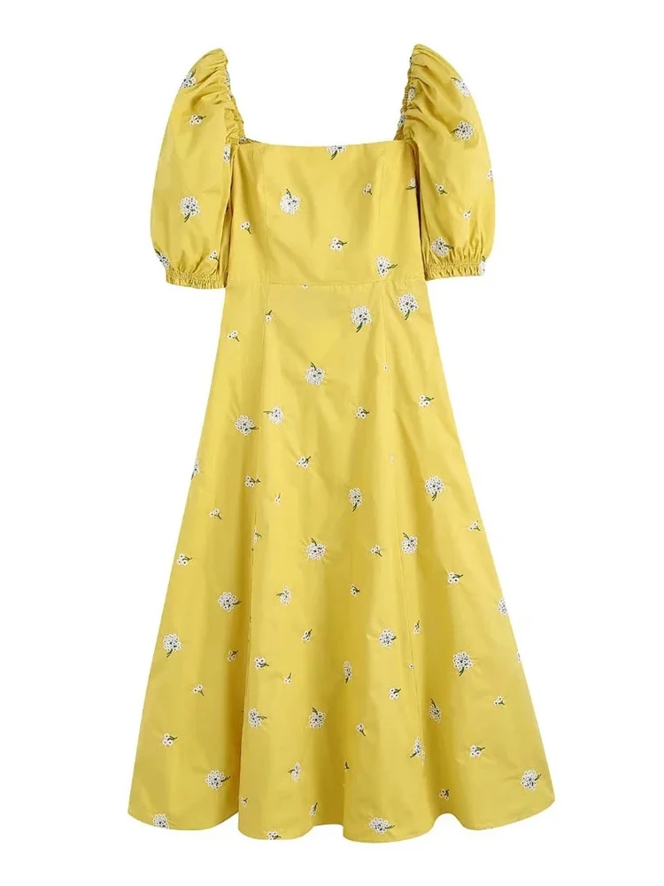 

Женское винтажное прямое платье Evfer, элегантное однотонное длинное платье с цветочной вышивкой и квадратным вырезом, прямое желтое летнее п...