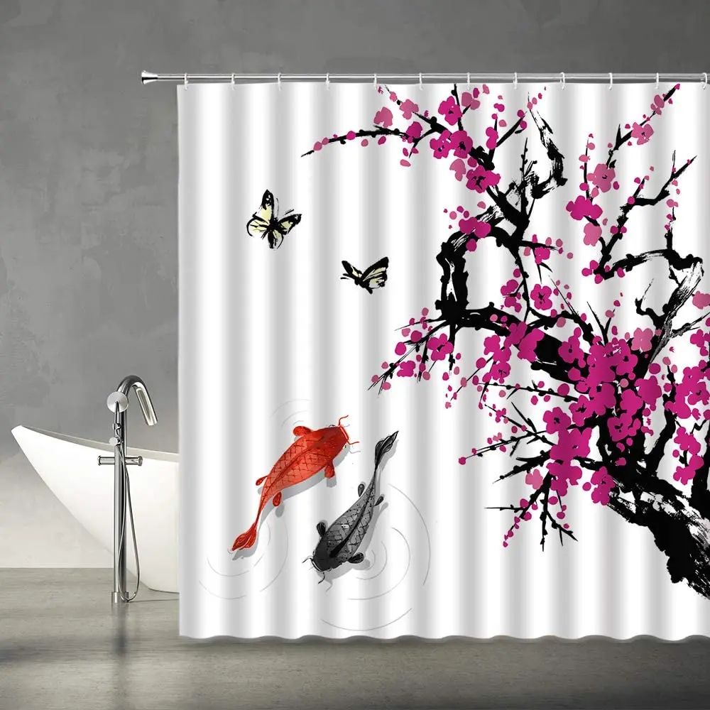 

Japanese Shower Curtain Red Plum Blossom Bloom Trees Branch Koi Fish Butterfly Asian Ink Painting Art Fabric Bathroom Decor Hook