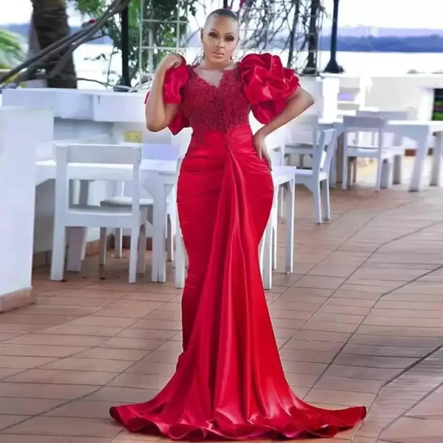 

Elegant Red Puffy Short Sleeve Mermaid Prom Dresses Sheer Neck Evening Party Gowns Plus Size Womens Robe De Marriage