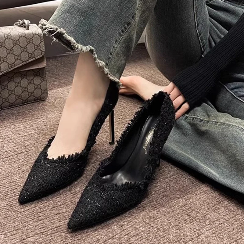 Холщовые женские туфли на мелкой подошве элегантные туфли-лодочки высоком