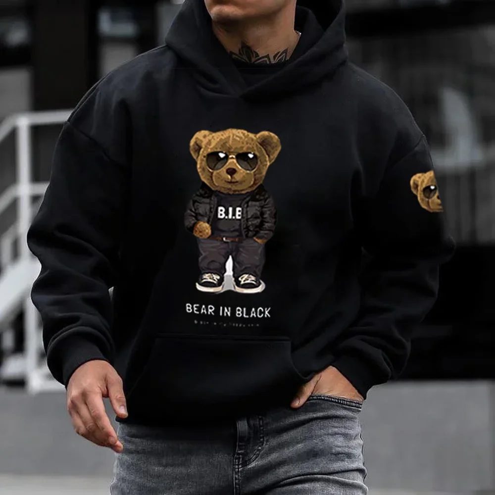 Fashionable autumn and winter round neck pullover, versatile oversized cartoon print, casual street cute bear sweatshirt for men