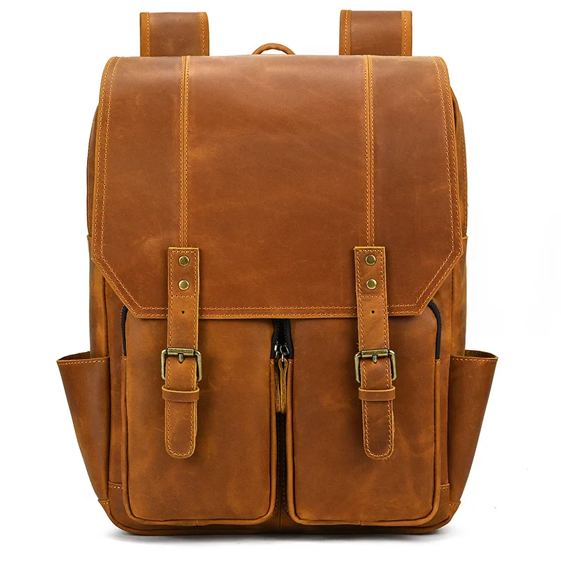Men Big Double Layer Backpack Crazy Horse Leather Backpacks 16 Inch Retro Casual Flap Daypack Travel Bag Cow Leather Rucksack
