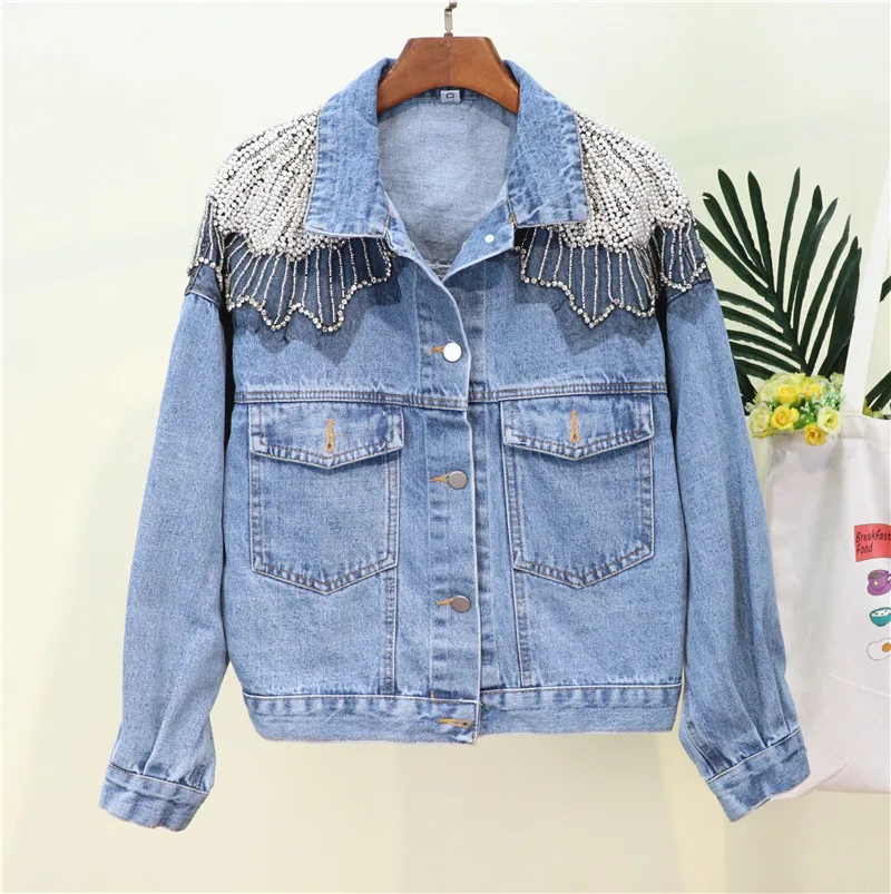 

Spring Autumn Short Denim Jacket Women 2023 New Loose Heavy Industry Beaded Shawl Lapel Washed Fashion Denim Coat Chaqueta Mujer