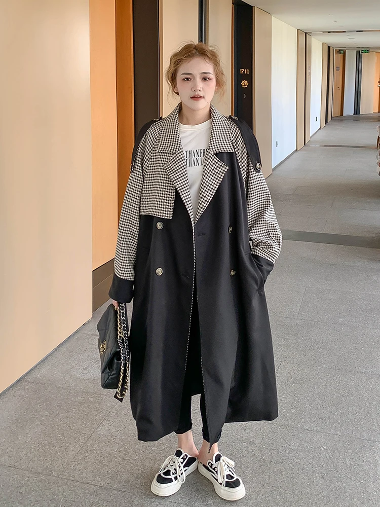 

2022 New Plaid Long Windbreaker Coat Women's Clothing Spring Autumn Color contrast Double Breasted Shirt Trench Coats 2022
