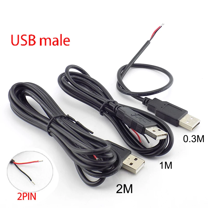 

USB-кабель 0,3 м/1 м/2 м 5 В, источник питания, 2-контактный провод USB 2.0 тип A, Штекерный разъем, зарядное устройство, «сделай сам», удлинитель шнура