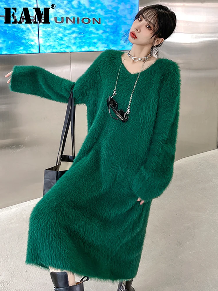 

[EAM] женское зеленое теплое вязаное длинное платье большого размера, новое Свободное платье с v-образным вырезом и длинными рукавами, модная одежда осень-зима 2023, 1DH1210