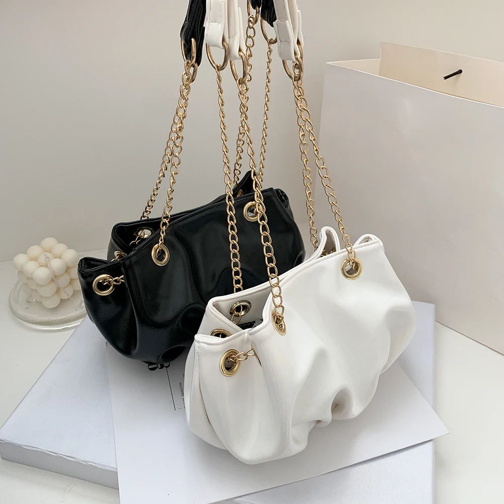 

Outdoor Shopping Accessaries Supplies Fashion Pleated Shoulder Sling Bag Women PU Leather Bucket Chain Messenger Pouch