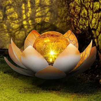 Solar Crackle Glass Globe Lights LED Lotus Flower Decor Solar Garden Light IP44 Waterproof Metal Flower Outdoor Landscape Lights 1