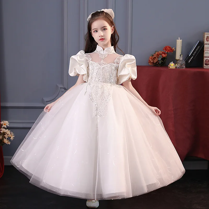 Fashion White Tulle Baby Girls Princess Long dress for Party Wedding Dress Sequins Beaded Girls dress Children Pageant Gown