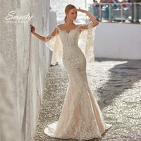 luxury wedding dress embroidered lace on net with mermaid ball gown slim line corset %e2%80%8bbridal bat sleeve lace up robes de mari%c3%a9e
