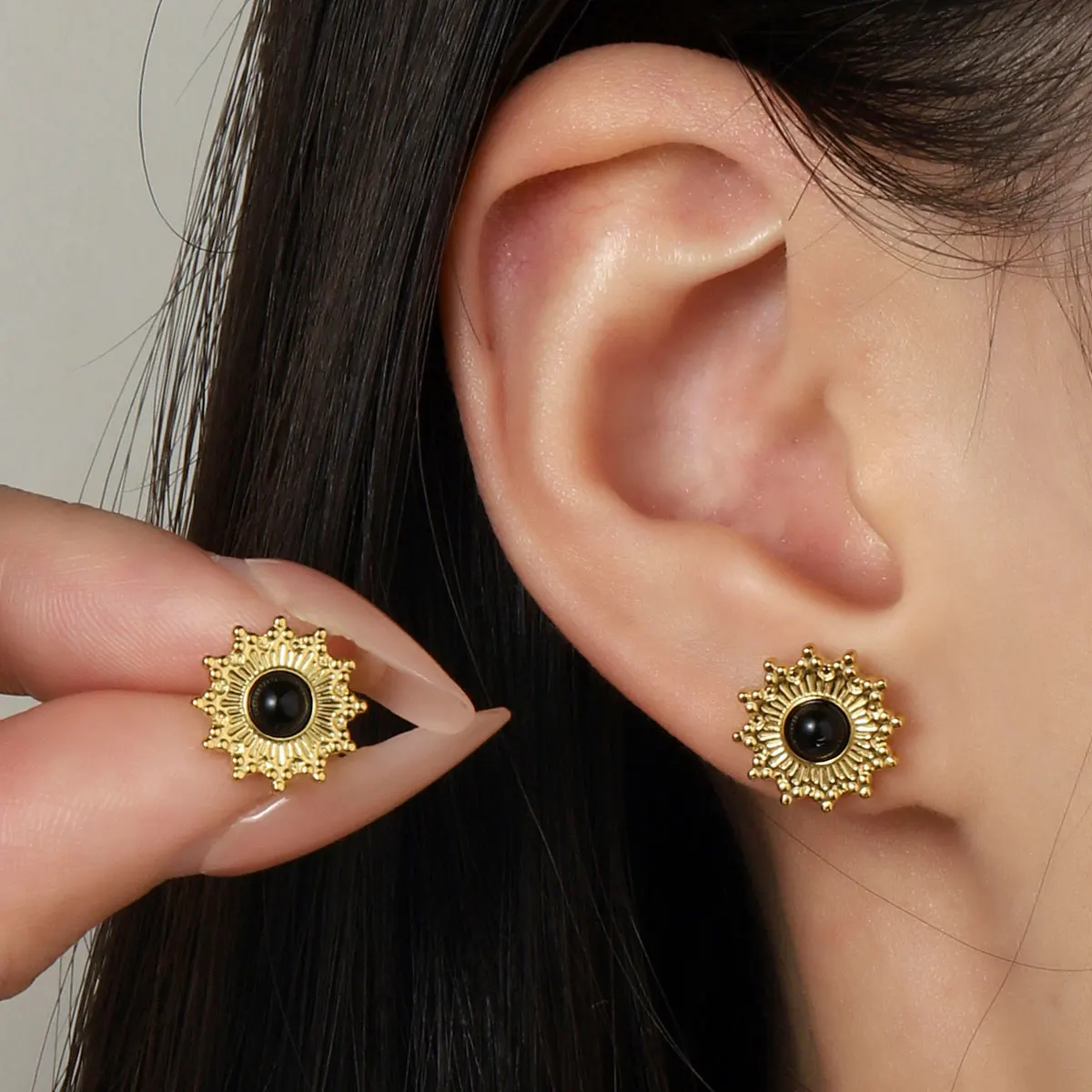 Французские роскошные серьги-гвоздики из нержавеющей стали с черным агатом