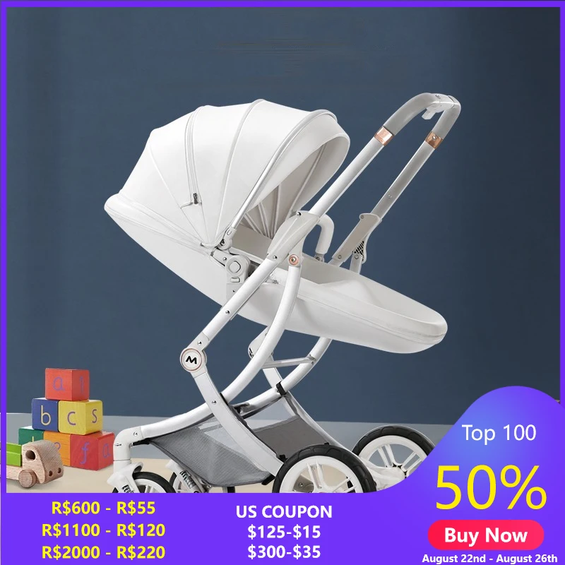 New Luxury Baby Stroller Can Sit and Lie Two-way Folding Stroller Newborn Baby Stroller White Eggshell PU Leather Baby Cariage