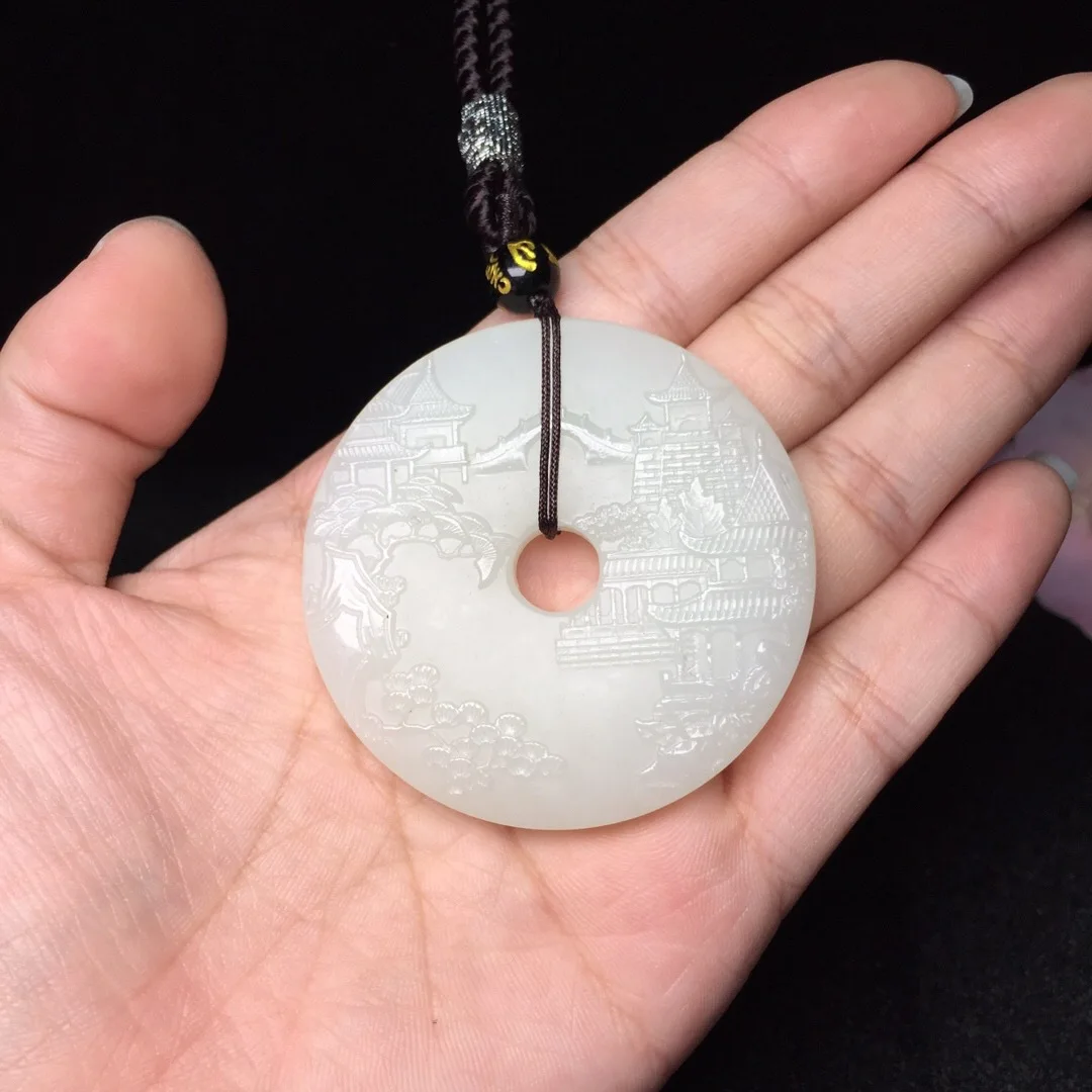 

Hetian Jade Safety Buckle Jade Pendant Natural Hetian White Jade Landscape Jade Pendant Necklace Simple Fashion Jade Jewelry 425