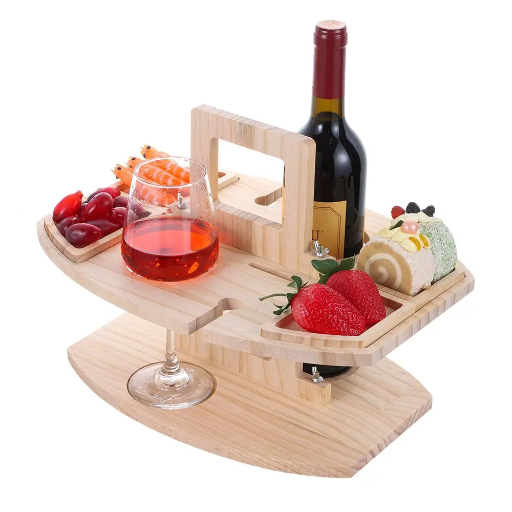 

Carry Handle Removable Fruit Snack Tray Folding Table Wine Picnic Table Wooden Picnic Table with Wine Glasses Holder