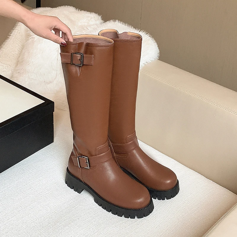 

Зима 2022, женская обувь, модные ковбойские сапоги, удобные коричневые сапоги с пряжкой и толстой подошвой