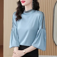 silk womens blouses solid puff sleeve office lady blusas satin skyblue women shirts blouses blusas para mujer