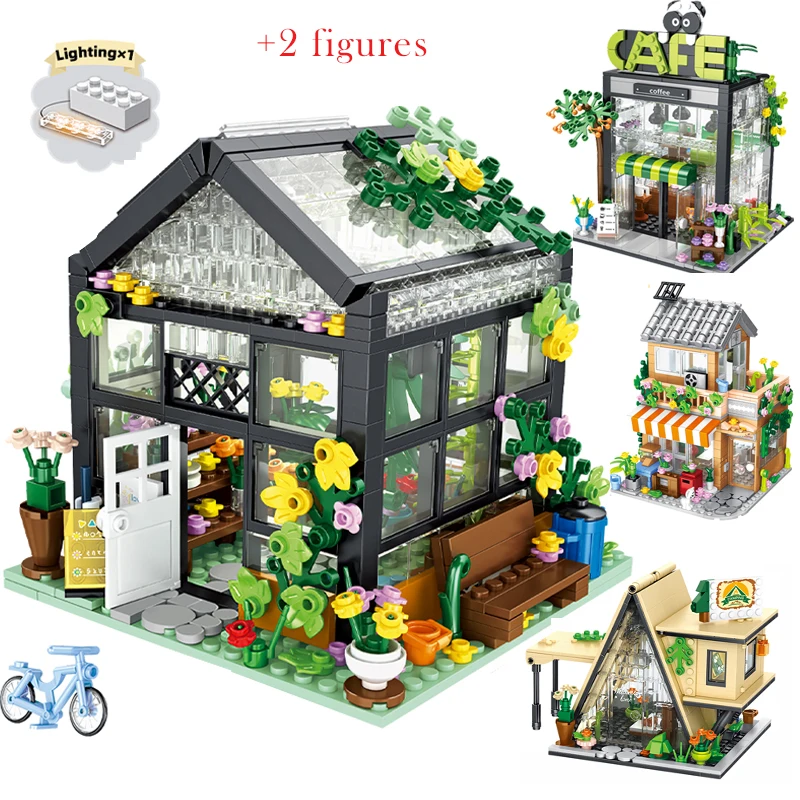 City Street View Flower Coffee Shop MOC Building Blocks Set Camping Tent Model Architecture Figures DIY Brick Toys for Kids Gift
