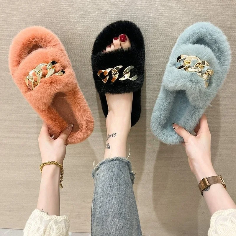 

Fashion Autumn Winter Fur Slippers Women New Flat Short Plush Flip Flops Lady Sexy Furry Sandals Sexy Metal Chain Open Toe Shoes